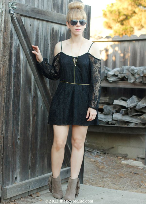 Foreign Exchange black lace dress, ballerina bun, fringe Ziah boots, Sugar Scout body chain, Los Angeles fashion blog