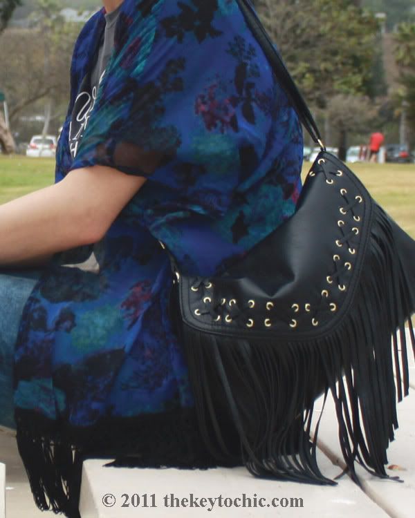floral fringe kimono, H&M black fringe handbag