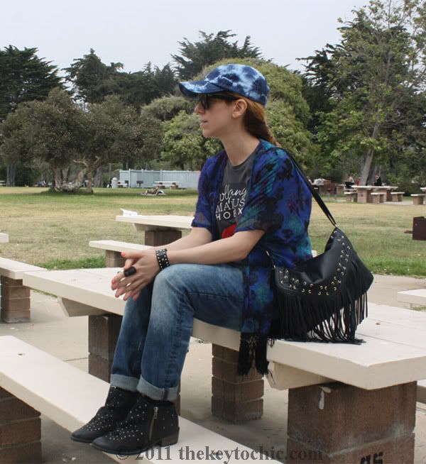 floral firnge kimono, studded ankle boots, H&M firnge handbag, California fashion blog