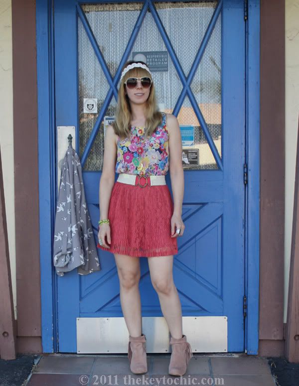 rose suede Sam Edelman Louie boots, Forever 21 lace skirt, floral top, and bird print cardigan, California fashion blog