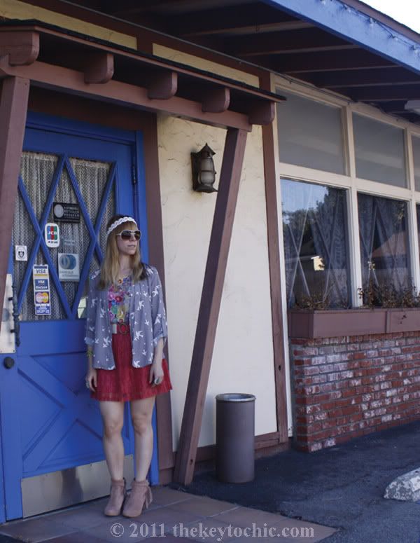 Sam Edelman Louie boots, Forever 21 lace skirt, floral top, and bird print cardigan, California fashion blog