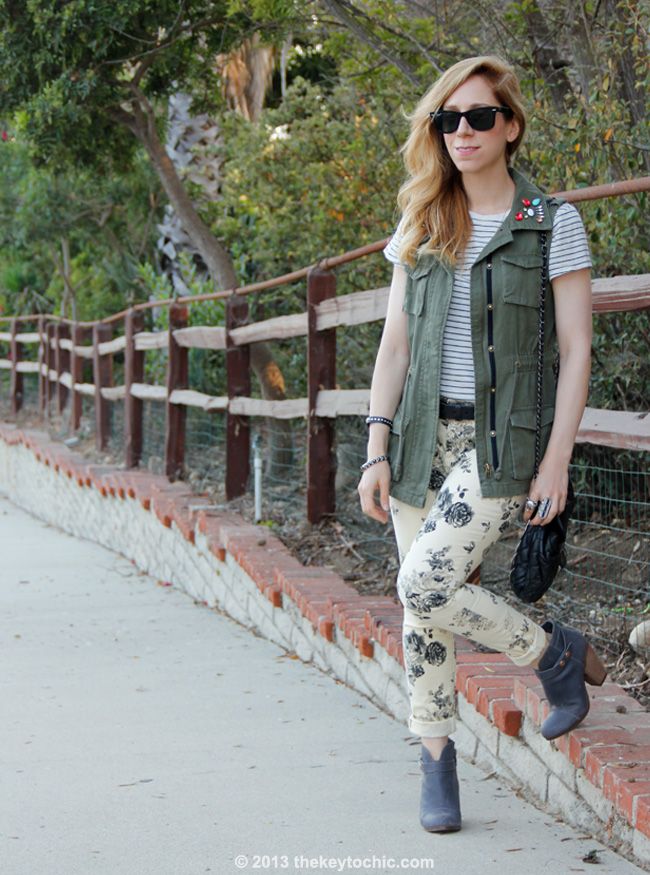 Los Angeles fashion blogger, Forever 21 floral jeans, jeweled military vest, Vince striped shirt, Steve Madden Arieel boots