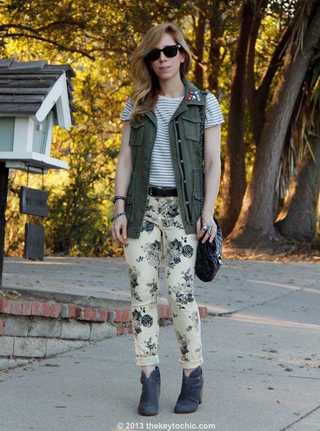 Los Angeles fashion blogger, Forever 21 floral jeans, jeweled military vest, Vince striped shirt, Steve Madden Arieel boots