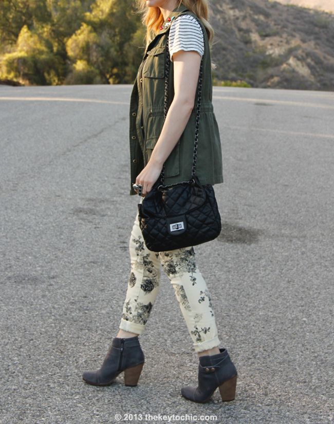 Los Angeles fashion blogger, Forever 21 floral jeans, jeweled military vest, Vince striped shirt, Steve Madden Arieel boots