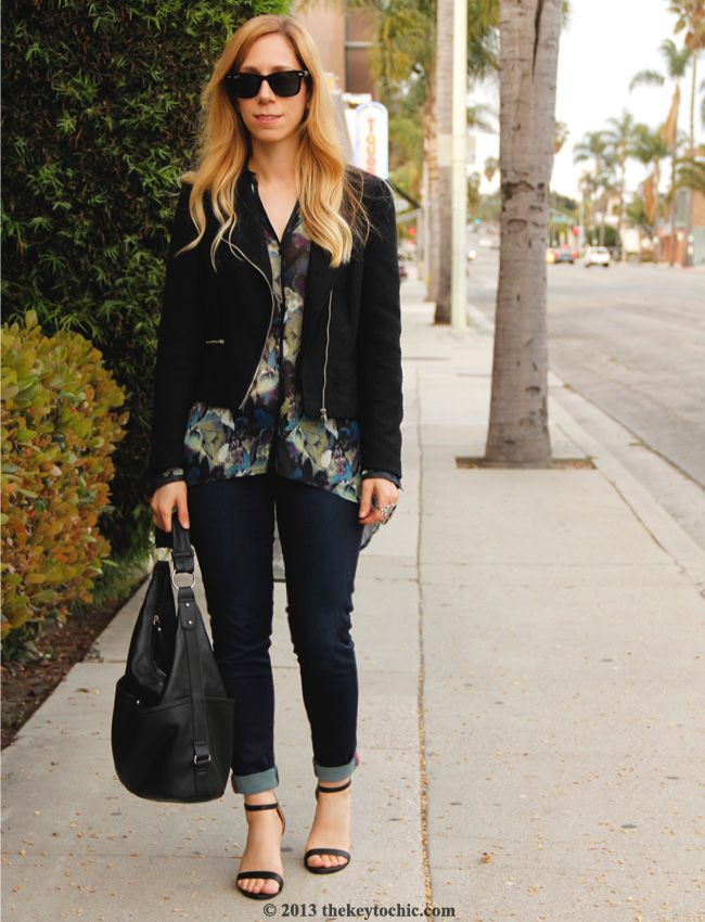 Mossimo high low floral blouse, Lucky Brand Charlie super skinny jeans, LA fashion blogger, Merona hobo bag