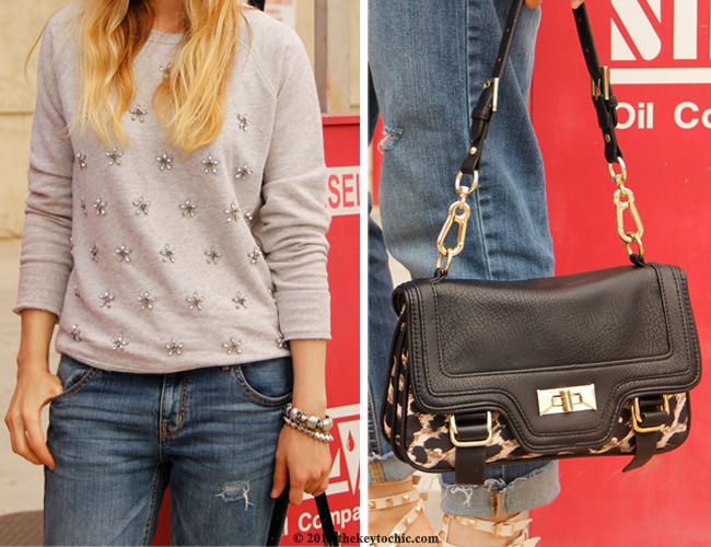Los Angeles fashion blogger, Forever 21 jeweled sweatshirt, boyfriend jeans, Rockstud inspired heels, Olivia + Joy leopard handbag
