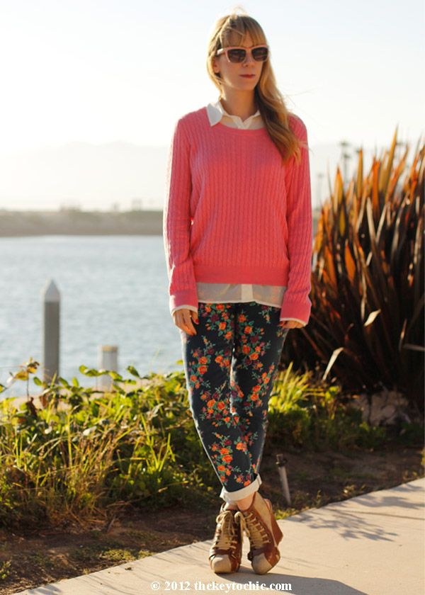 cable knit sweater, Mossimo blue floral jeans, Target floral denim, Topshop ankle boots, Los Angeles fashion blog