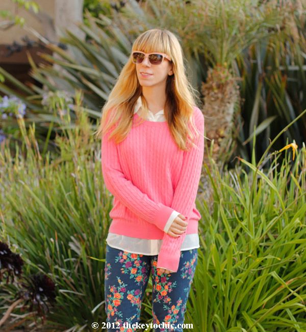 cable knit sweater, Mossimo blue floral jeans, Target floral denim, Topshop ankle boots, Los Angeles fashion blog