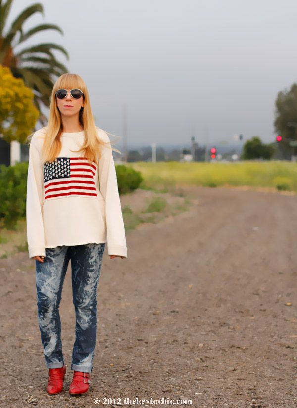American flag sweater, bleached jeans, Jeffrey Campbell Starburst studded boots, Los Angeles fashion blogger, southern California style