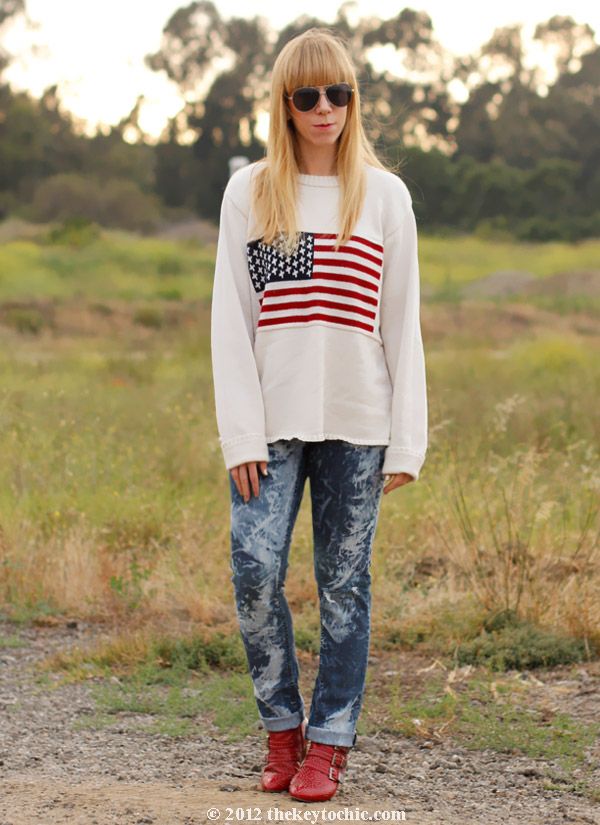 American flag sweater, bleached jeans, Jeffrey Campbell studded boots, Los Angeles fashion blogger, southern California style