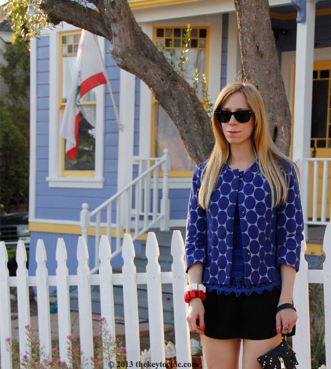 Marni at H&M blue polka dot jacket, Prabal Gurung for Target black lace-up heels, Target Style, Los Angeles fashion blogger, Swirl Design Studio initial personalized pendant necklace