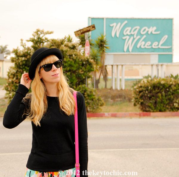 bowler hat, tropical print shorts, studded ankle boots, southern California fashion blogger