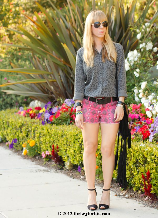 Equipment blouse, tribal shorts, Zara ankle strap heels, print mixing trend, Los Angeles fashion blogger