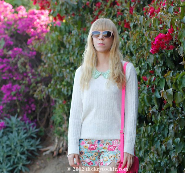 H&M pearl collar necklace, floral print shorts, Zara colorblock heels, Los Angeles fashion blogger, southern California style