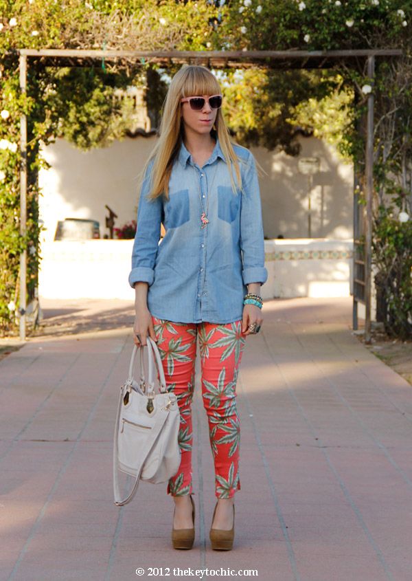 chambray shirt, Motel Jodie palm print jeans, southern California fashion blogger, Los Angeles style