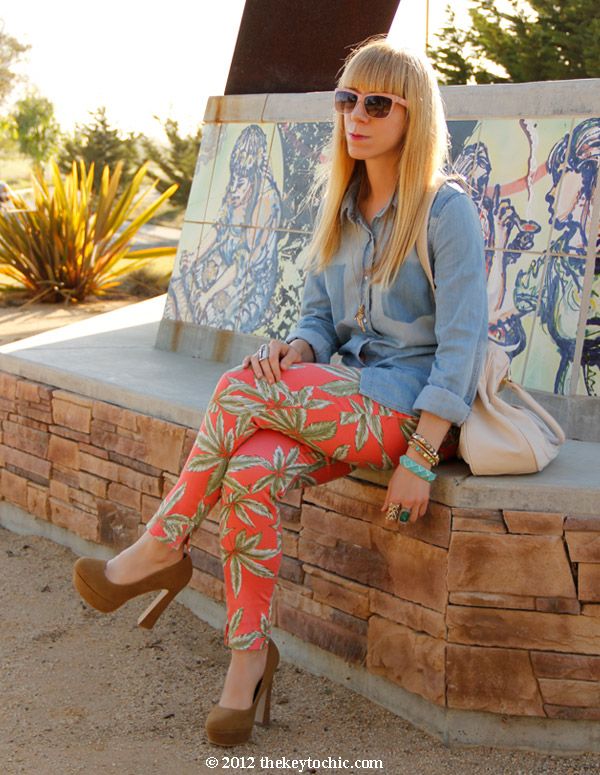 chambray shirt, Motel Jodie palm print jeans, southern California fashion blogger, Los Angeles style