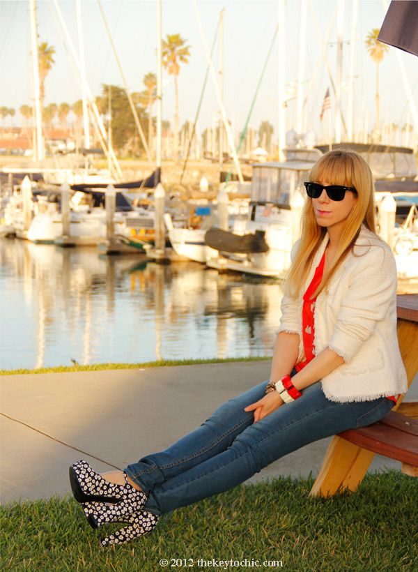 Zara cat print shirt, tweed blazer, Cheap Monday jeans, Forever 21 floral Mary Jane heels, Los Angeles fashion blogger
