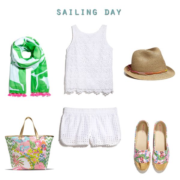 Lilly for Target lookbook preview, Lilly Pulitzer for Target casual white eyelet shorts and shirt outfit idea