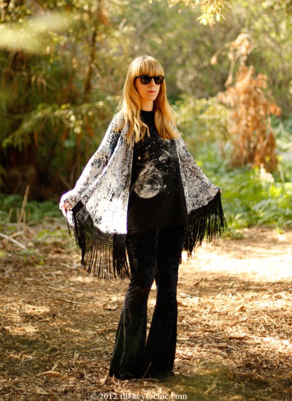fringe kimono jacket, velvet bell bottoms, Los Angeles fashion blog