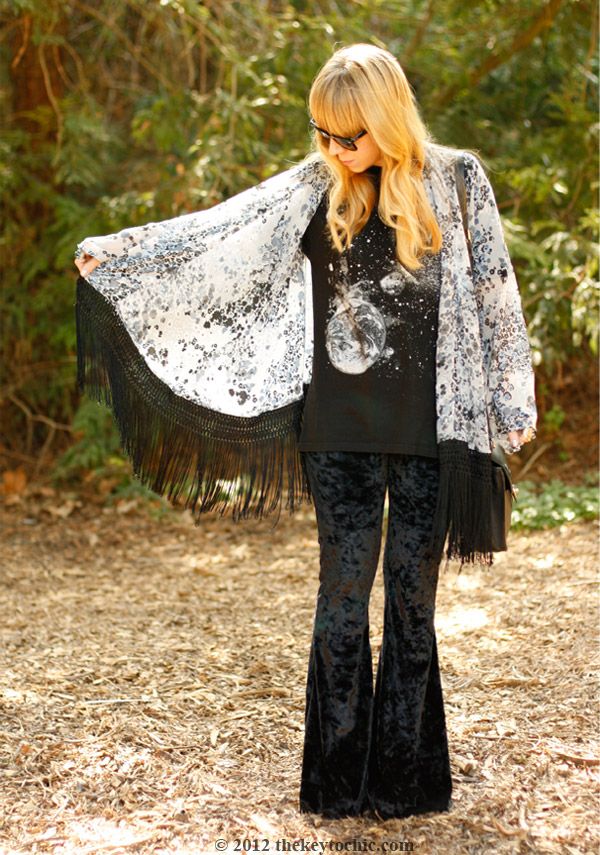 fringe kimono jacket, velvet bell bottoms, Los Angeles fashion blog, southern California style
