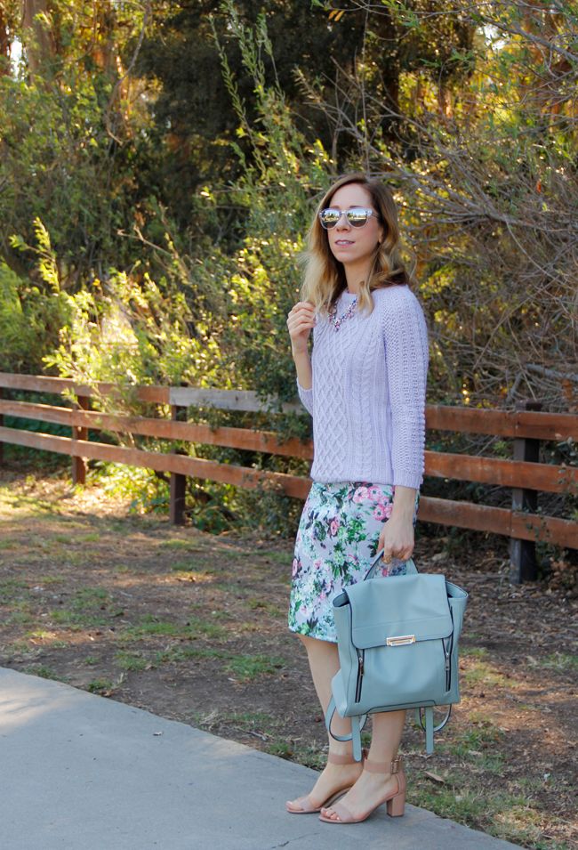 Fashion blogger The Key To Chic wears a Zara cable knit sweater with a Foreign Exchange floral pencil skirt and Mossimo mint green zipped backpack.