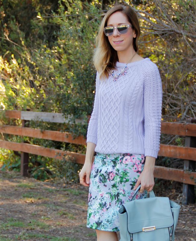 Fashion blogger The Key To Chic wears a Zara cable knit sweater with a Foreign Exchange floral pencil skirt and Mossimo zipped backpack.