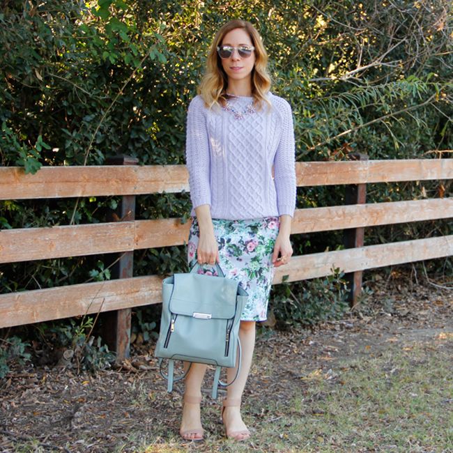 Fashion blogger The Key To Chic wears a Zara cable knit sweater with a Foreign Exchange floral pencil skirt and Mossimo zipped backpack.