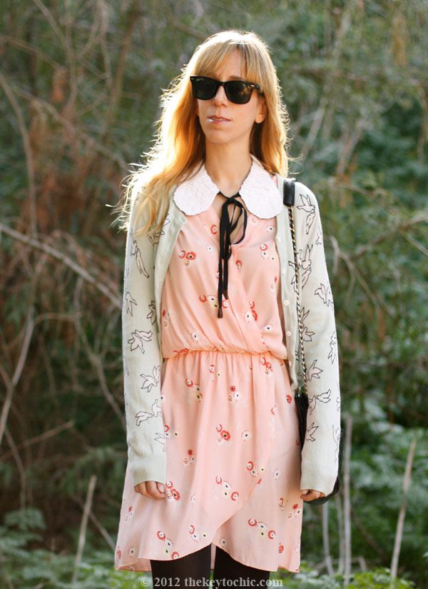 Marni at H&M sequin collar, Love wrap dress, H&M bird print cardigan, Los Angeles fashion blog