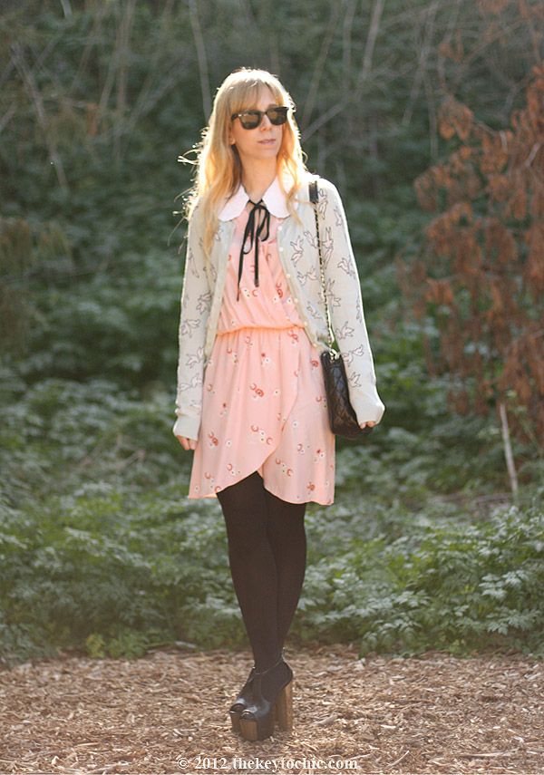 Marni at H&M sequin collar, Love wrap dress, H&M bird print cardigan, Jessica Simpson Dany heels, Los Angeles fashion blog