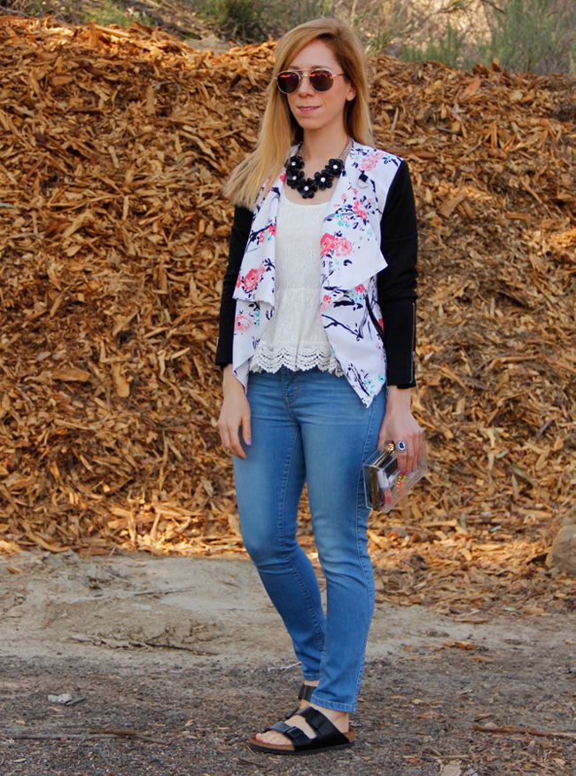 LA fashion blogger The Key To Chic wears an Xhilaration floral moto jacket with Mia and Moss cashmere denim and Birkenstock Arizona sandals