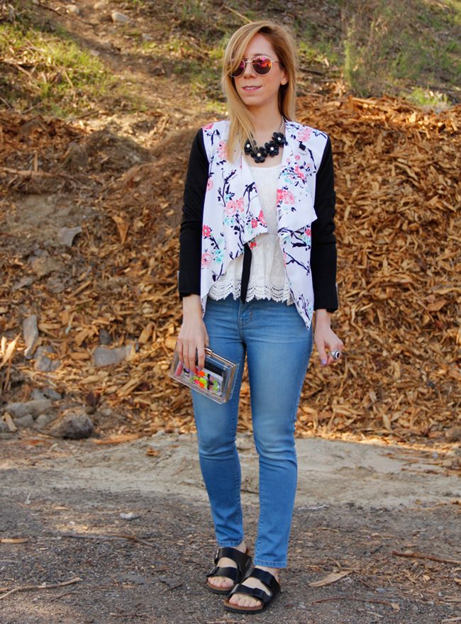 LA fashion blogger The Key To Chic wears an Xhilaration floral moto jacket with Mia and Moss cashmere denim and Birkenstock Arizona sandals