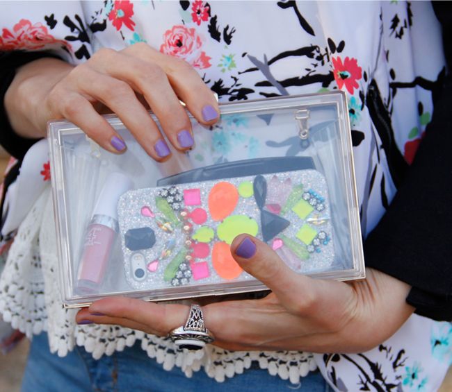 clear clutch with Xhilaration floral moto jacket and skinnydip London gemstone iPhone case