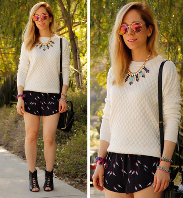LA fashion blogger The Key To Chic wears an Xhilaration quilted sweater with Grayson Shop parrot printed shorts, a bejeweled statement necklace and Aldo Trorecia booties