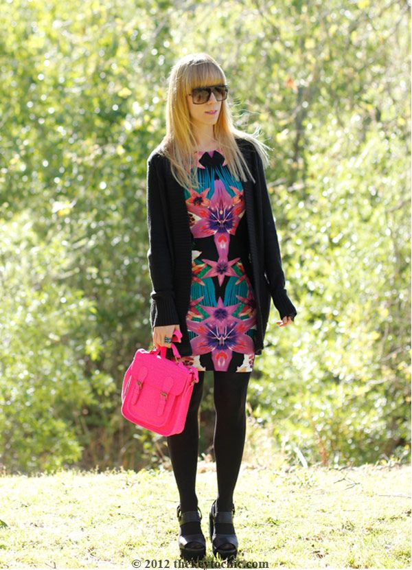 Lipsy tropical dress, Marni at H&M sunglasses, Ge WaWa Flora, pink neon Xhilaration handbag, southern California fashion, Los Angeles style