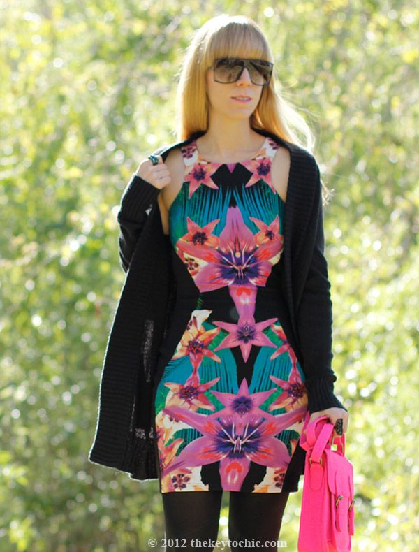 Lipsy tropical dress, Marni at H&M sunglasses, pink neon Xhilaration handbag, southern California fashion, Los Angeles style