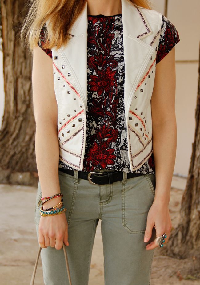 tropical print Promod top, Forever 21 faux leather Southwestern vest, and Mossimo moto pants