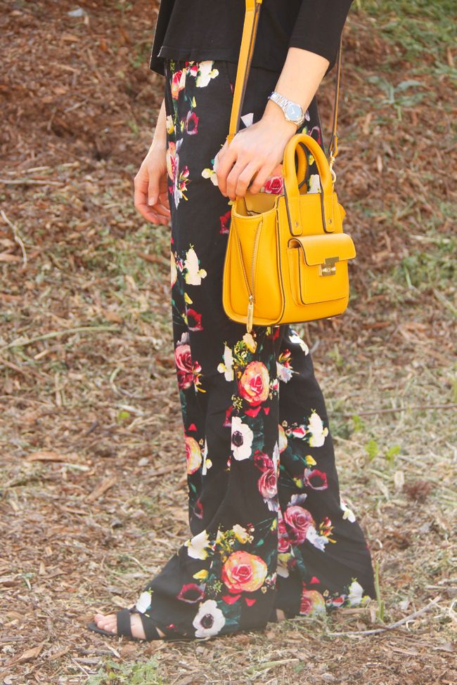 Merona floral pants, Phillip Lim for Target mini satchel, Sam & Libby Arianna gladiator sandals