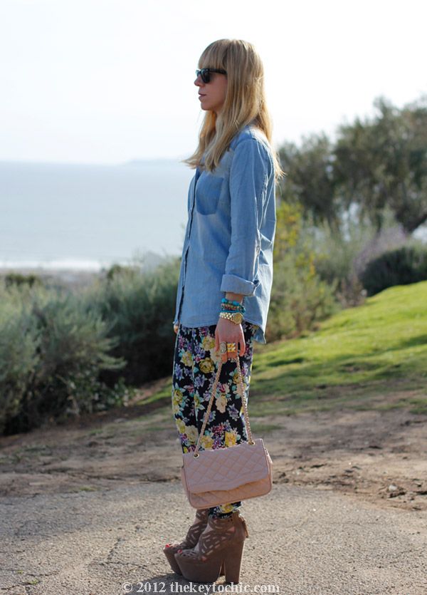 chambray faded pocket top, floral pants, Michael Antonio Gallista heels, southern California fashion blog