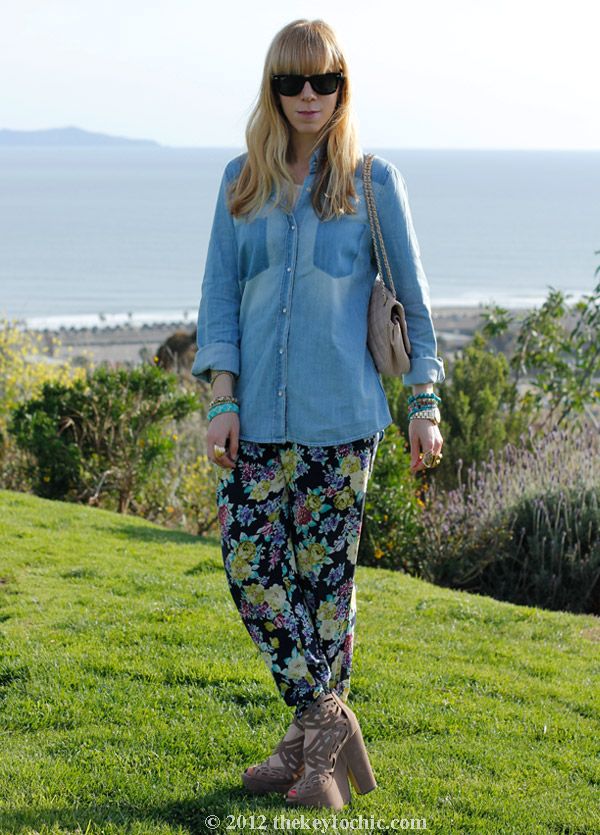 chambray faded pocket top, Love Culture floral pants, Michael Antonio Gallista heels, southern California fashion blog