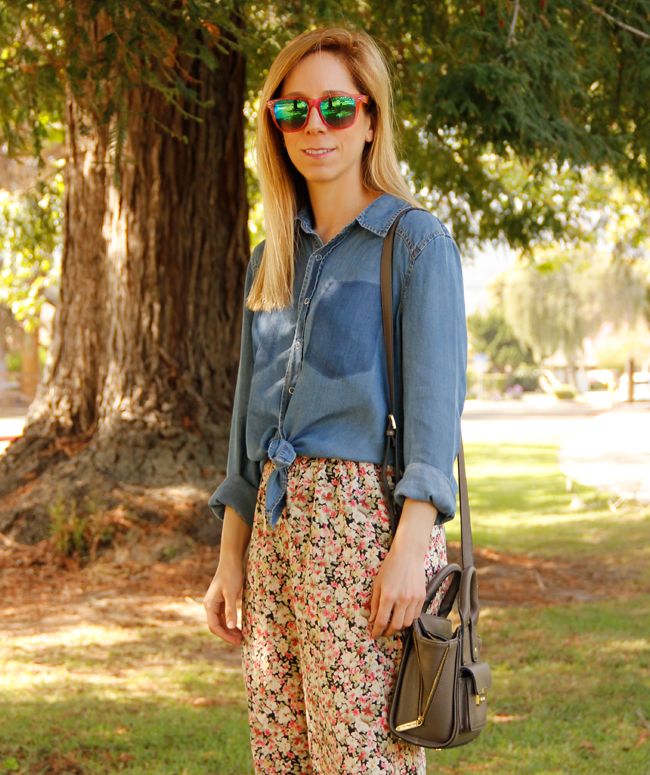 LA fashion blogger The Key To Chic wears a chambray shirt with Charlotte Russe wide leg floral pants for spring 2014.
