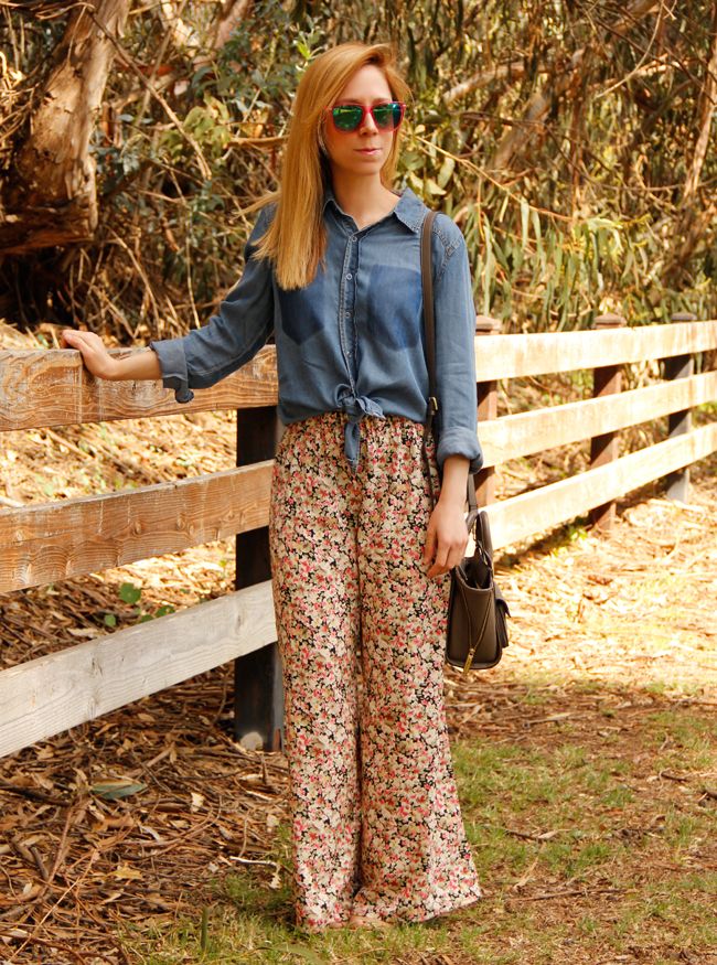 LA fashion blogger The Key To Chic wears a chambray shirt with Charlotte Russe wide leg floral pants for spring 2014.