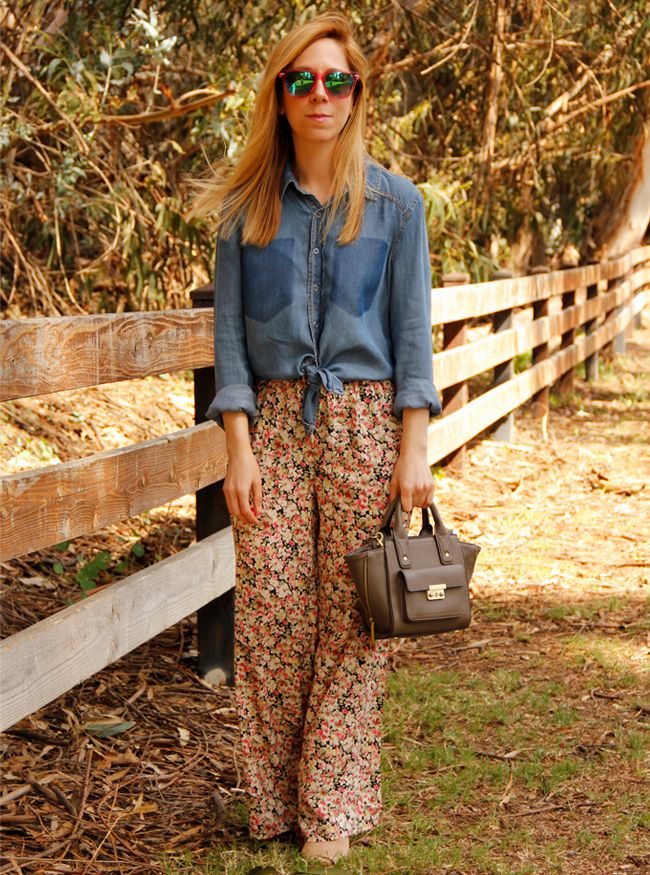 LA fashion blogger The Key To Chic wears a chambray shirt with Charlotte Russe wide leg floral pants for spring 2014.