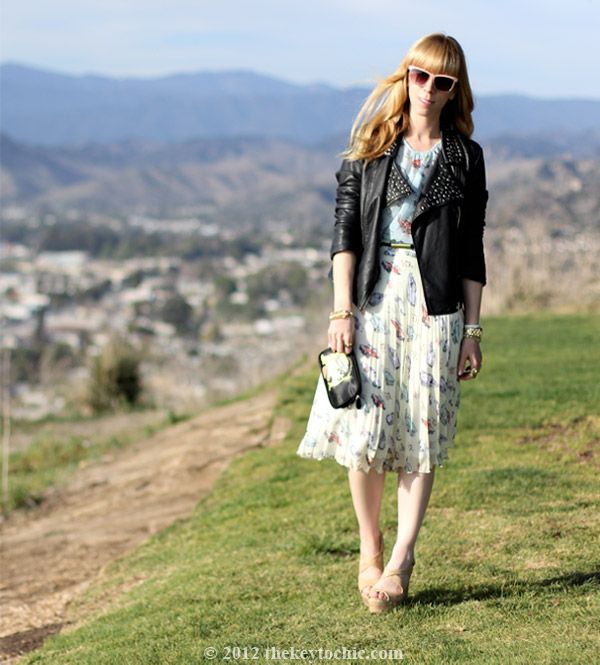 Primark car print bouse, Primark car print skirt, Forever 21 studded biker jacket, California fashion blog, Los Angeles street style
