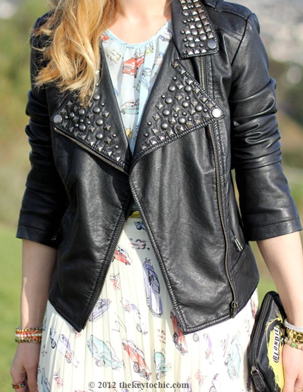 Primark car print bouse, Primark car print skirt, Forever 21 studded biker jacket, California fashion blog, Los Angeles street style
