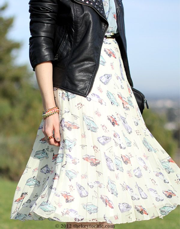 Primark car print bouse, Primark car print skirt, Forever 21 studded biker jacket, California fashion blog, Los Angeles street style