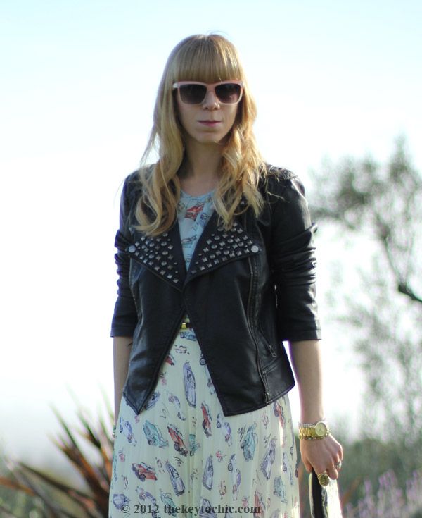Primark car print bouse, Primark car print skirt, Forever 21 studded biker jacket, California fashion blog, Los Angeles street style