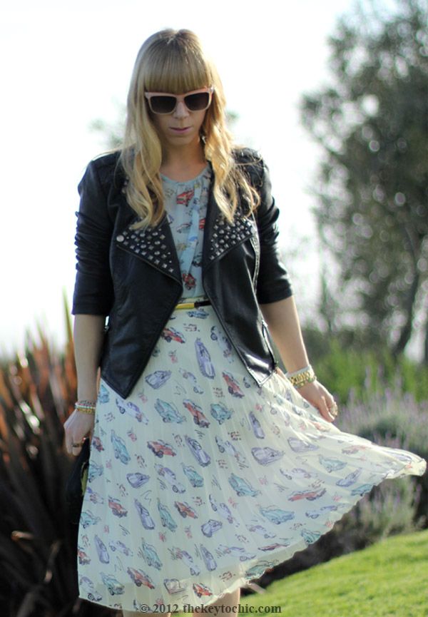 Primark car print bouse, Primark car print skirt, Forever 21 studded biker jacket, California fashion blog, Los Angeles street style