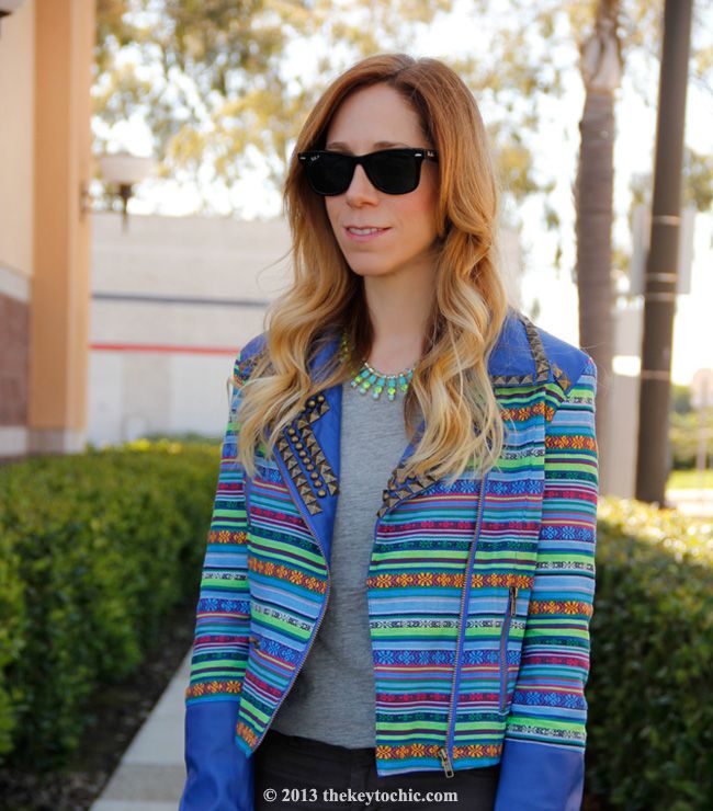 Boohoo Boutique Penny woven stud jacket, neon rhinestone necklace
