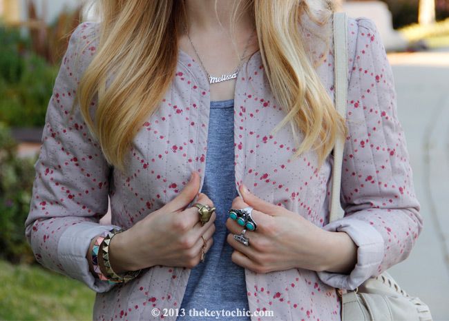 quilted floral jacket, name necklace