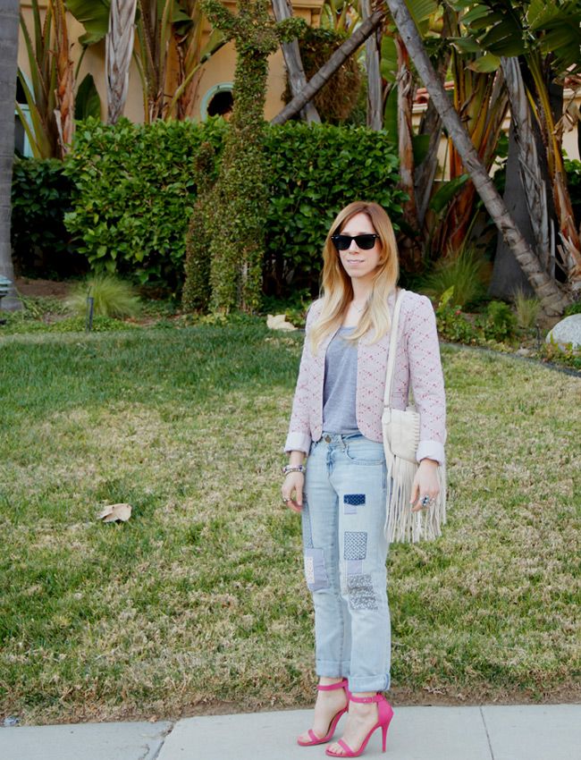Rubbish quilted floral jacket, Gap patchwork jeans, Anne Michelle Enzo-01 ankle strap heels, LA fashion blogger